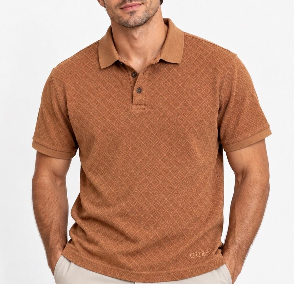 GUESS Mens Polo Shirt M Brown Geometric Jacquard Short Sleeve Embroidered Logo